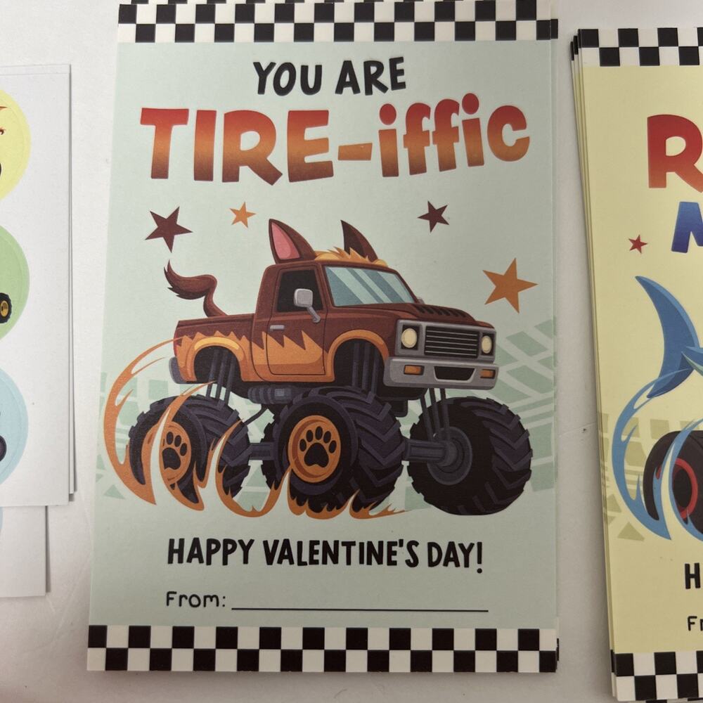 Monster Truck Valentine's Day Cards Kids School Party Favors 36 Cards Envelopes